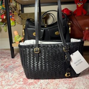 Black Coach Woven Leather Swing Tote Swinger NWT